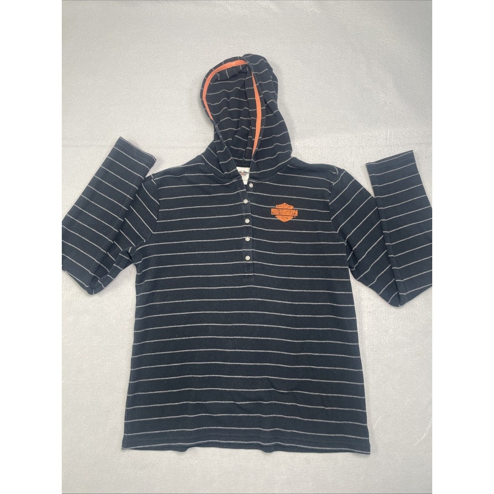 Harley Davidson Hoodie Thermal Henley‎ Womens XL Striped Biker Grunge Y2K Logo